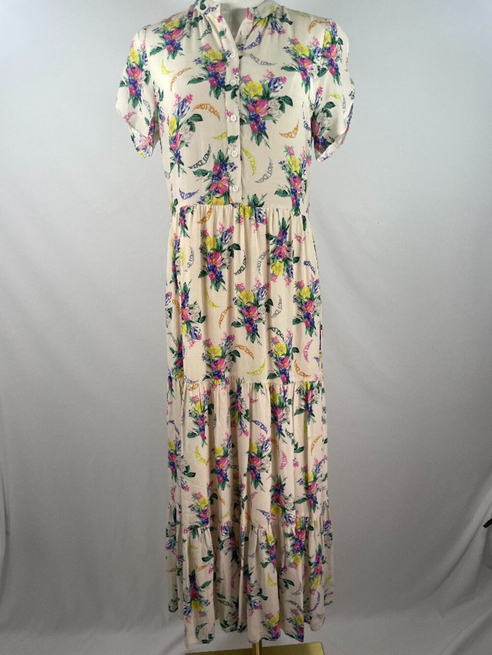 Zadig & Voltaire Razy Soft Bouquet Cream Pink Yellow Tiered Maxi Dress Size XS